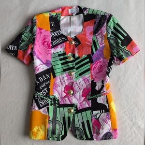 Vintage Blazer Short Sleeve Slim Fit  XS-S Floral Pink and Green